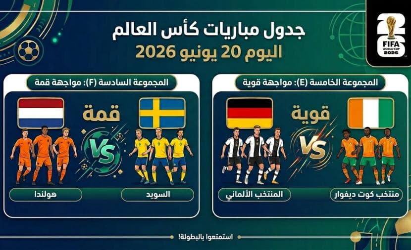 جدول مباريات كأس العالم اليوم 20 يونيو 2026: القنوات الناقلة